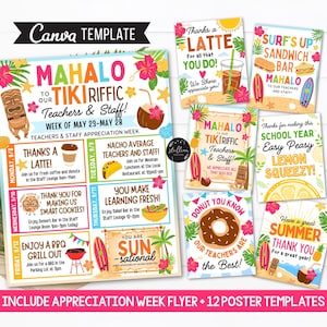 Peut inclure: Une affiche imprimable colorée pour la Semaine de l'appréciation des enseignants sur le thème tropical. L'affiche comprend un calendrier hebdomadaire d'événements, tels qu'un bar à latte, un bar à nachos et un barbecue. L'affiche comprend également 12 modèles d'affiches avec des designs amusants sur le thème de l'été.