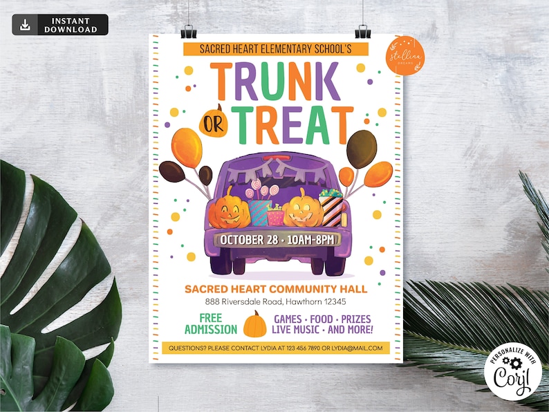 Pu&ograve; includere: Un poster colorato che pubblicizza un evento Trunk or Treat presso la Sacred Heart Elementary School. Il poster presenta un'auto dei cartoni animati con un bagagliaio pieno di caramelle e zucche. L'evento &egrave; in programma per il 28 ottobre dalle 10:00 alle 20:00 presso la Sacred Heart Community Hall, situata in 888 Riversdale Road, Hawthorn 12345. L'ingresso &egrave; gratuito e include giochi, cibo, premi, musica dal vivo e molto altro.