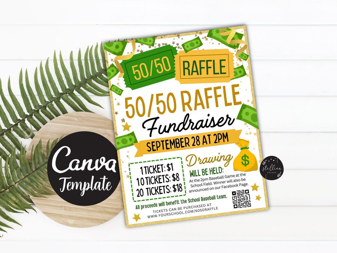 Split Tickets Raffle Editable 50/50 Raffle Ticket Fundraiser Flyer, Split the Pot Raffle ...