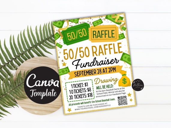 Editable 50/50 Raffle Ticket Fundraiser Flyer, split the pot Raffle fundraiser, Sports Fundraiser, Church School Charity CANVA Template Diy