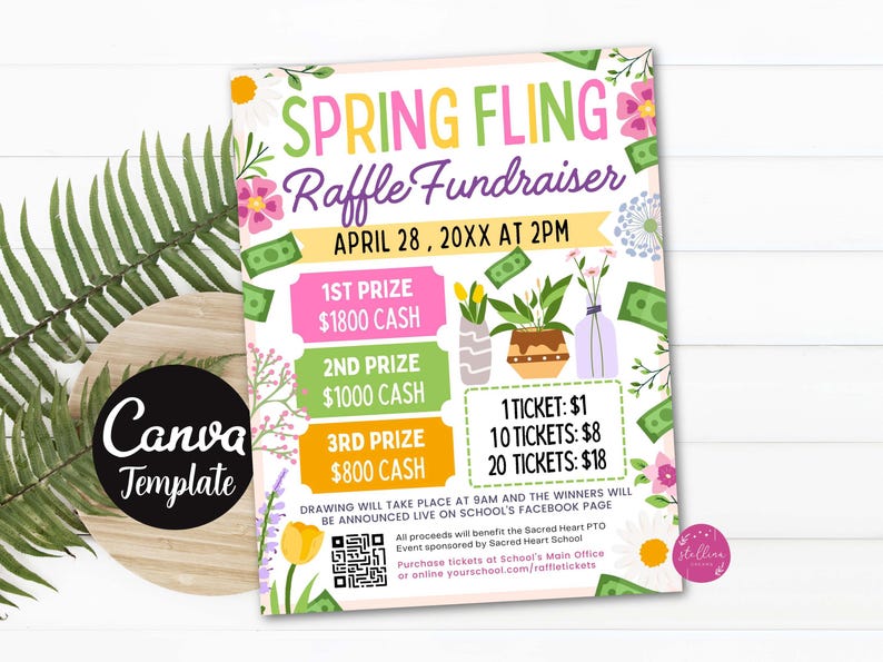April Spring Raffle Spring Raffle Ticket Flyer: Editable CANVA Template, Split the Pot ...