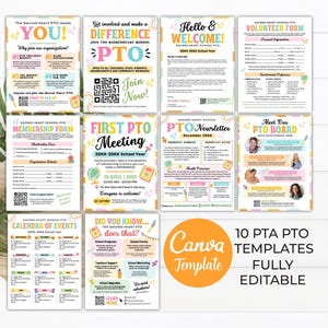 Pode incluir: Uma coleção de dez modelos PTA PTO, totalmente editáveis no Canva. Os modelos incluem formulários, boletins informativos e anúncios de reuniões. Os designs apresentam cores pastel e elementos decorativos, com texto como "Join Now!" e "Hello & Welcome!"
