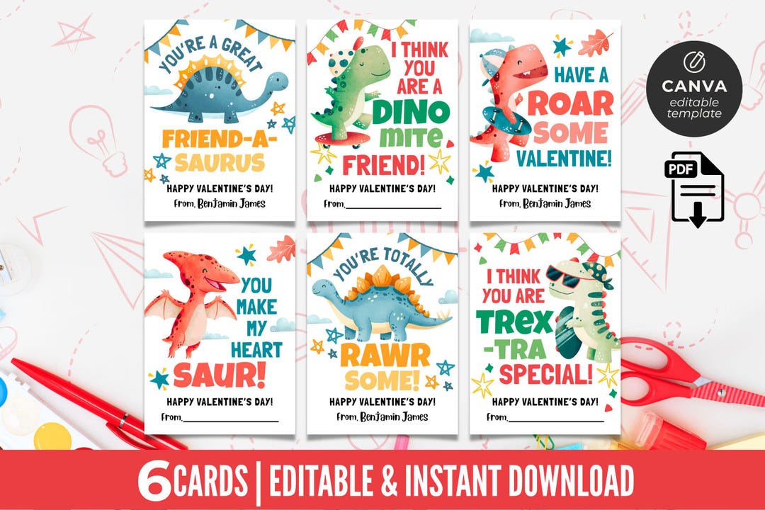 Dinosaur Valentine Cards for Kids | Printable Dino Classroom Cards ...
