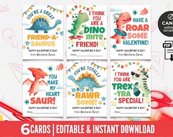 Dinosaur Valentine Cards for Kids | Printable Dino Classroom Cards Bundle | Instant Download & Editable Canva