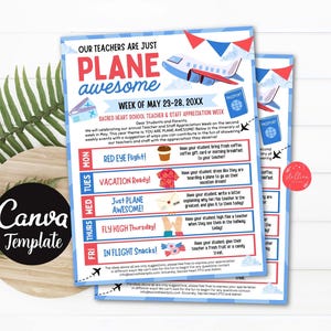Editable Plane Awesome Teacher Appreciation Take Home Sheet, Travel theme Appreciation Itinerary, Week Schedule Events CANVA Template Modern