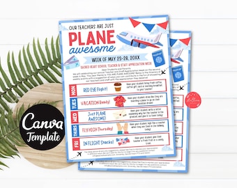 Editable Plane Awesome Teacher Appreciation Take Home Sheet, Travel theme Appreciation Itinerary, Week Schedule Events CANVA Template Modern