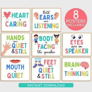 May include: Set of eight colorful educational posters with phrases like "Heart is Caring" and "Eyes are on Speaker." Each poster features a different illustration and text, designed for a classroom or home learning environment. The words "Instant Download" are at the bottom.