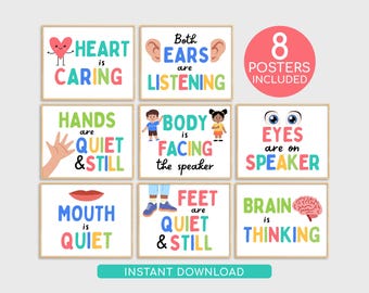 Whole Body Listening Poster Bundle: Classroom Rules, Calm Corner Visuals, Digital Download 8x10in JPGs