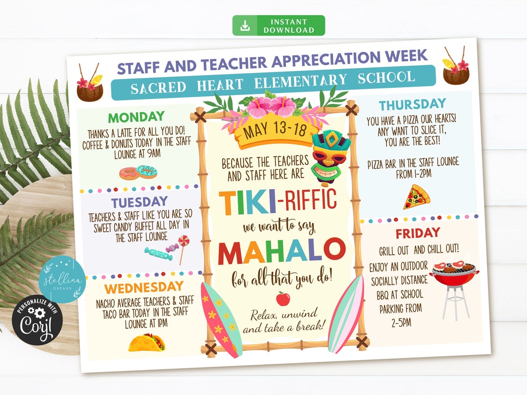 EDITABLE Hawaiian Themed Teacher Appreciation Week Itinerary Beach
