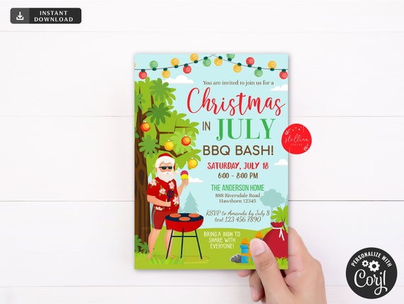 Christmas In July Party Invitation, Summer Xmas Santa, Holiday Invite, Backyard BBQ, Picnic in the Park, Printable Instant Download EDITABLE