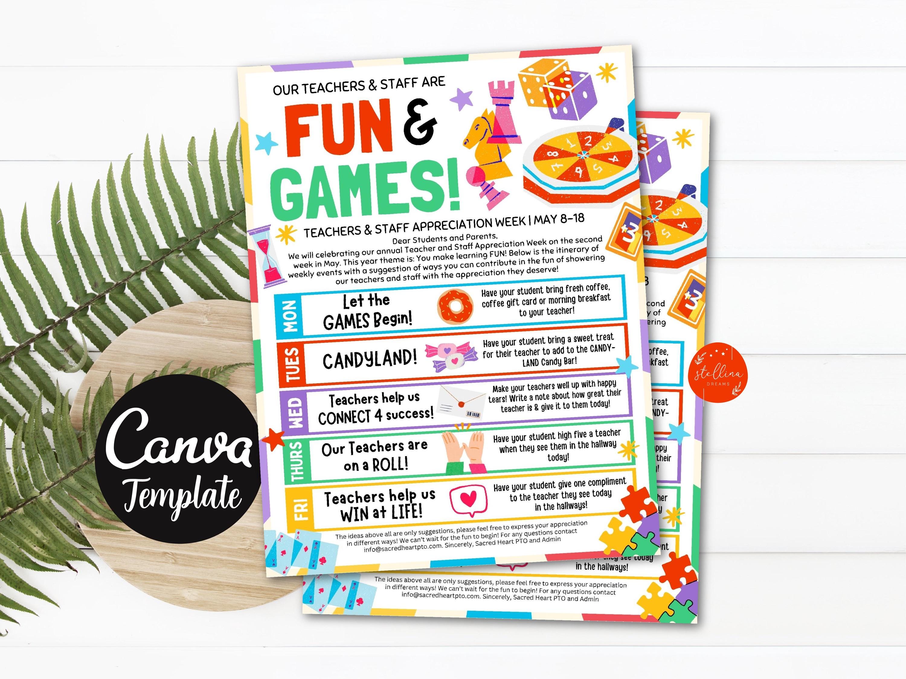Teacher Appreciation Week Itinerary Flyer: Fun & Games Theme (CANVA ...