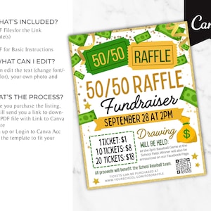 Editable 50/50 Raffle Ticket Fundraiser Flyer, Split the Pot Raffle ...
