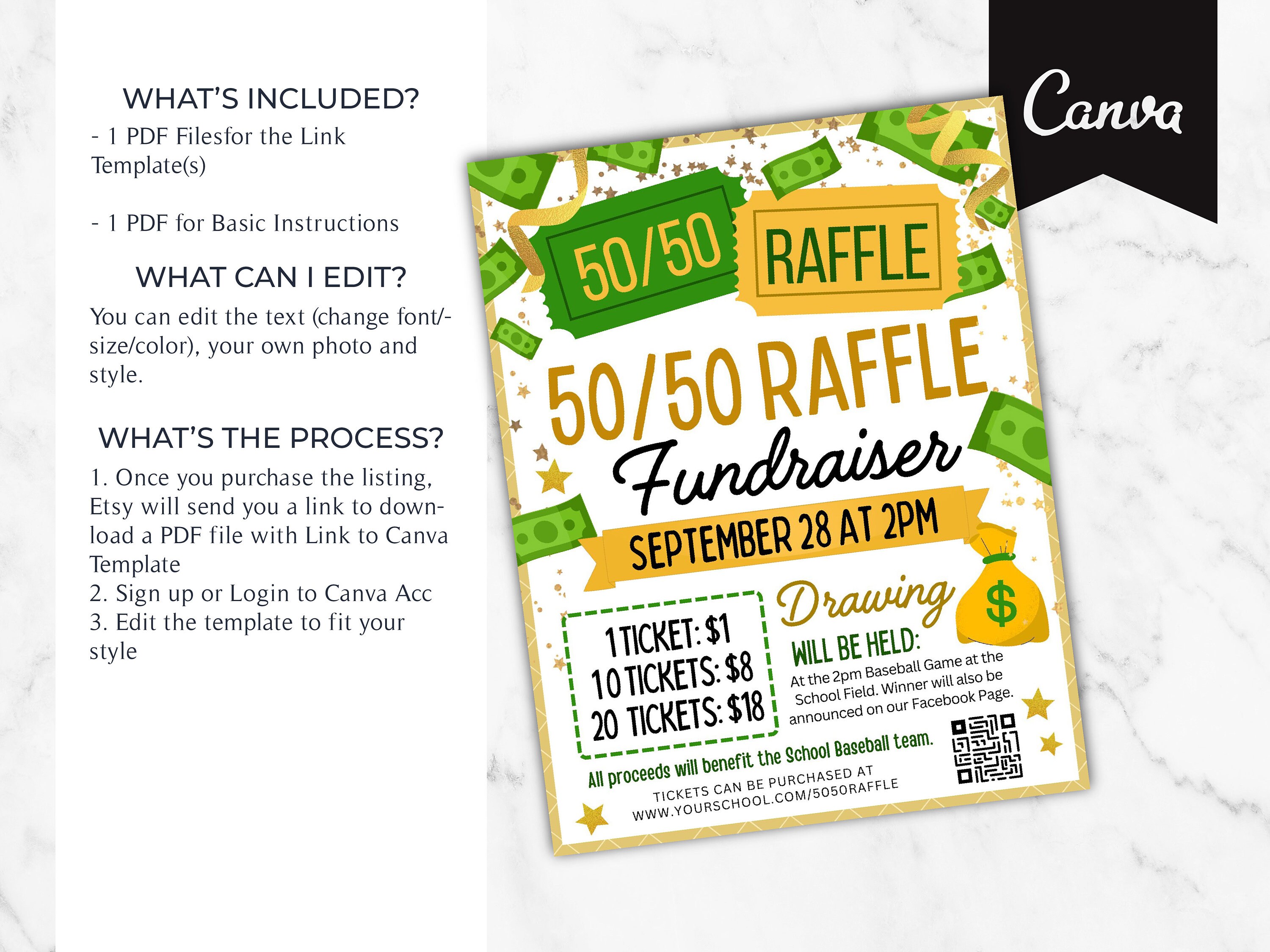 Editable 50/50 Raffle Ticket Fundraiser Flyer, Split the Pot Raffle ...