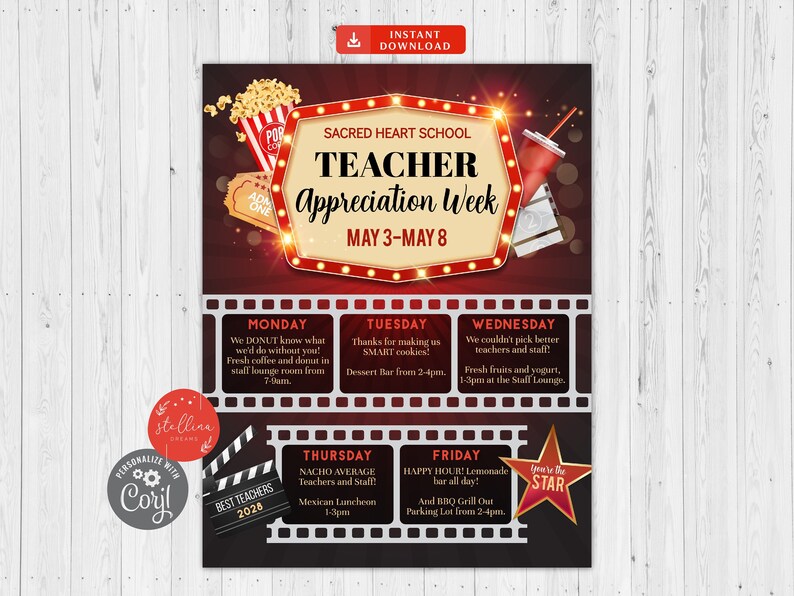 EDITABLE Teacher Appreciation Week Itinerary Poster, Digital File ...