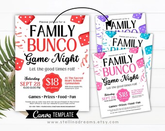 May include: A Family Bunco Game Night flyer with red dice and confetti. The flyer displays event details: date, time, location, and price per person. The Canva template design is available on Etsy.