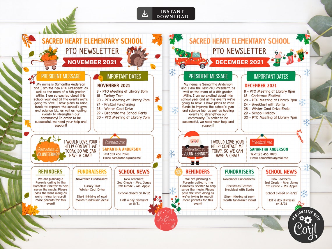 Yearly Pto Pta Newsletter Template Set, Classroom Printable Handout ...