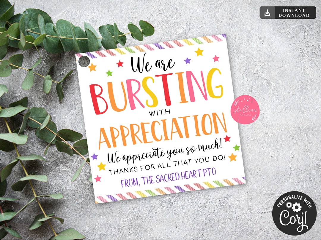 Bursting With Appreciation Candy Star Card, EDITABLE Appreciation Gift ...