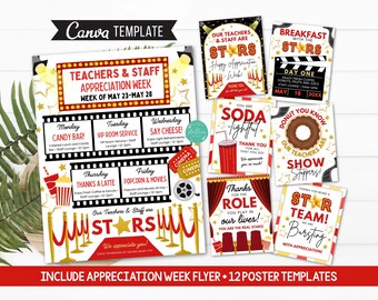 May include: A printable set of 13 posters for Teacher Appreciation Week with a movie theme. The posters feature red, white, and gold colors with a black and white film strip design. The posters include phrases like "Our Teachers & Staff are Stars", "Soda Lightful", "Donut You Know Our Teachers are Show Stoppers", and "Thanks for the Role You Play in Our Lives!"