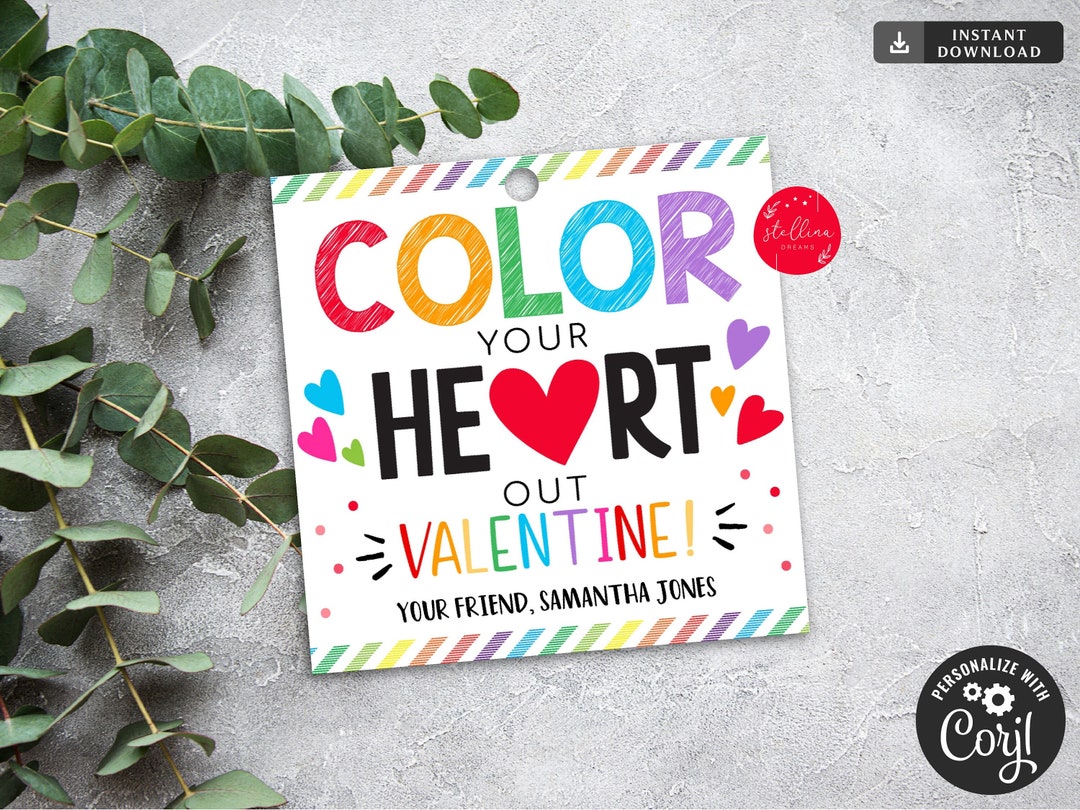 EDITABLE Gift Tags, Valentine Color Your Heart Out Tag Crayons