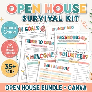May include: An Open House Survival Kit bundle featuring printable templates with colorful headings like My Goals, Student Info, Passwords, Things to Know, Welcome, and Daily Schedule. Includes stationery items like pencils, scissors, and a notebook.