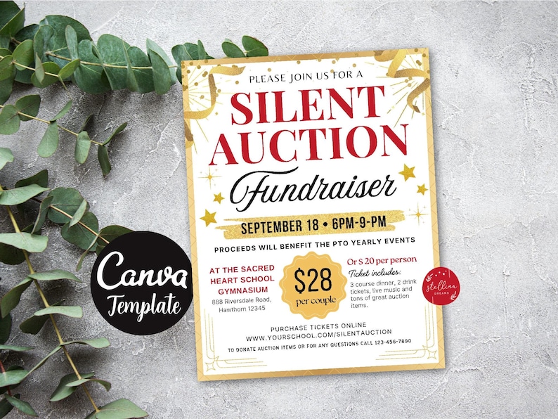 Editable Silent Auction Flyer Template: School Fundraiser (CANVA) Black ...
