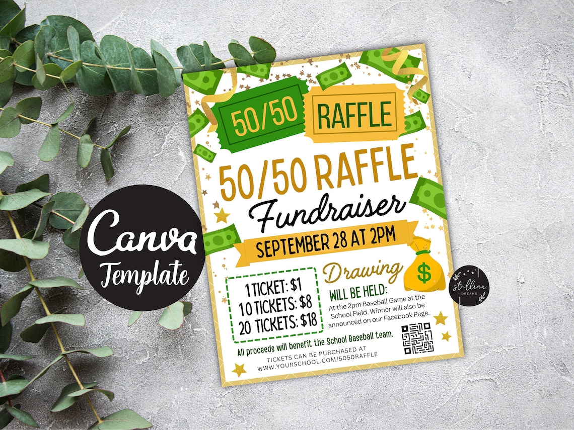 Editable 50/50 Raffle Ticket Fundraiser Flyer, Split the Pot Raffle ...