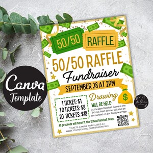 May include: A green and gold 50/50 raffle fundraiser flyer with a cartoon money bag and stars. The flyer advertises a raffle drawing on September 28th at 2 PM. The text reads "50/50 Raffle Fundraiser" and "Drawing will be held: At the 2pm Baseball Game at the School Field. Winner will also be announced on our Facebook Page."
