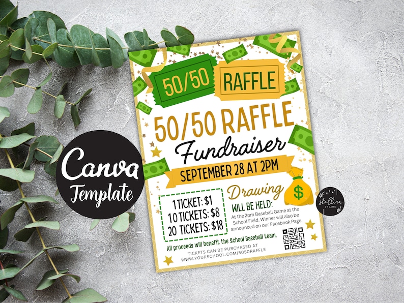 May include: A green and gold 50/50 raffle fundraiser flyer with a cartoon money bag and stars. The flyer advertises a raffle drawing on September 28th at 2 PM. The text reads "50/50 Raffle Fundraiser" and "Drawing will be held: At the 2pm Baseball Game at the School Field. Winner will also be announced on our Facebook Page."