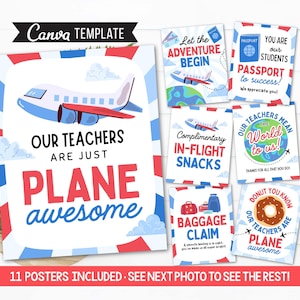 Editable Bundle Plane Awesome Teacher Appreciation Itinerary, Travel theme Appreciation Poster Signs, Week Schedule Events, CANVA Template