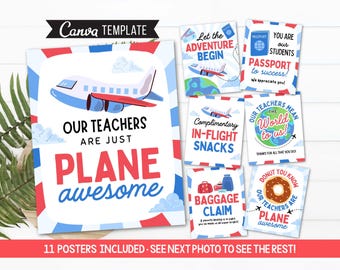 Editable Bundle Plane Awesome Teacher Appreciation Itinerary, Travel theme Appreciation Poster Signs, Week Schedule Events, CANVA Template