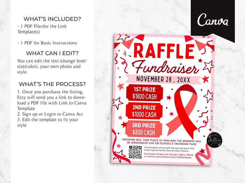 Cancer Raffle Posters Red Ribbon Raffle Fundraiser Flyer for Cancer Benefit: Editable CANVA ...