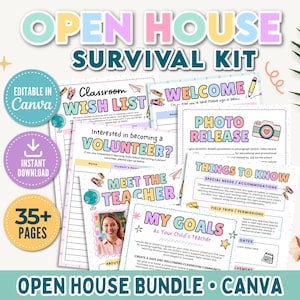 May include: An Open House Survival Kit bundle featuring multiple printable classroom forms with pastel-colored text and graphics. Includes sheets titled Classroom Wish List, Welcome, Photo Release, Volunteer, Meet the Teacher, and My Goals.