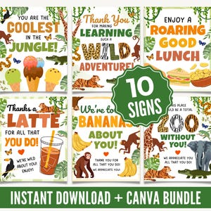 May include: A collection of ten printable signs with jungle and animal themes. Each sign features colorful illustrations and playful text, such as "You're the Coolest in the Jungle!" and "Let's Taco 'bout how we're totally wild!"