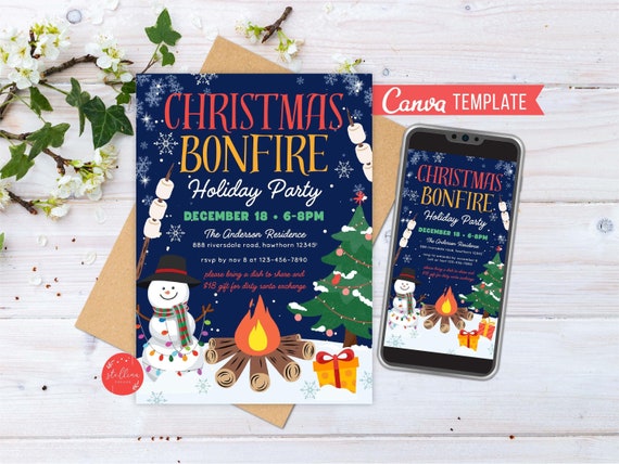 Christmas Bonfire Party Invitation: S'mores Holiday Invite (CANVA Template)
