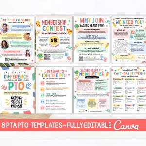 Paquete de reclutamiento de la PTA y la PTO editable, formularios de membresía, comunicación con los padres, folletos de reclutamiento, boletines informativos y plantilla CANVA para la vuelta al cole.