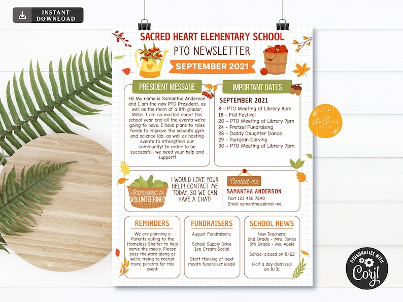 September PTO PTA Newsletter Flyer Autumn Classroom Printable - Etsy