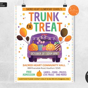 Pu&ograve; includere: Un volantino colorato per un evento Trunk or Treat presso la Sacred Heart Elementary School. Il volantino presenta un'illustrazione di un'auto viola con un bagagliaio pieno di caramelle e zucche. L'evento &egrave; previsto per il 28 ottobre dalle 10:00 alle 20:00 presso la Sacred Heart Community Hall. Il volantino include anche informazioni sull'ingresso gratuito, giochi, cibo, premi, musica dal vivo e altro ancora.