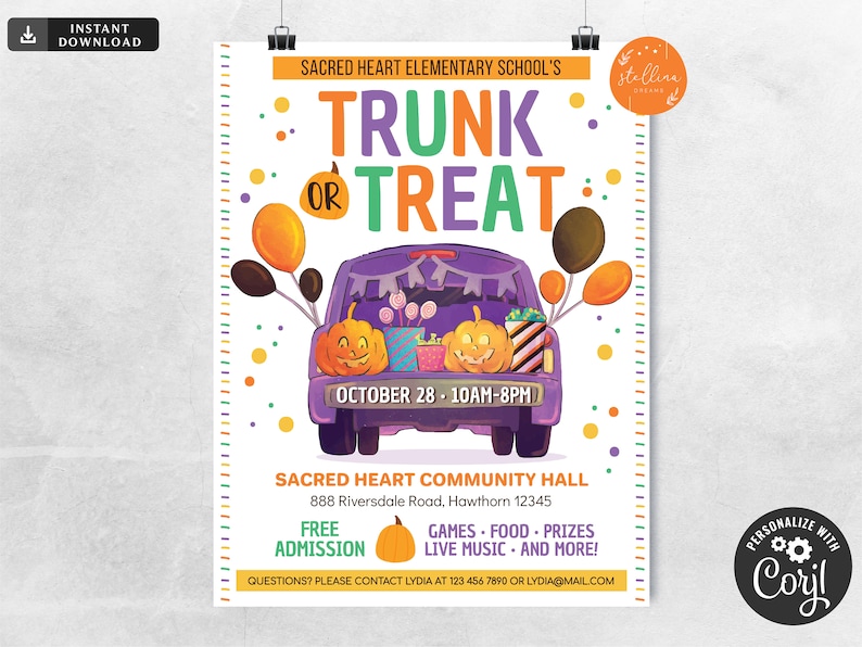 Pu&ograve; includere: Un volantino colorato per un evento Trunk or Treat presso la Sacred Heart Elementary School. Il volantino presenta un'illustrazione di un'auto viola con un bagagliaio pieno di caramelle e zucche. L'evento &egrave; previsto per il 28 ottobre dalle 10:00 alle 20:00 presso la Sacred Heart Community Hall. Il volantino include anche informazioni sull'ingresso gratuito, giochi, cibo, premi, musica dal vivo e altro ancora.
