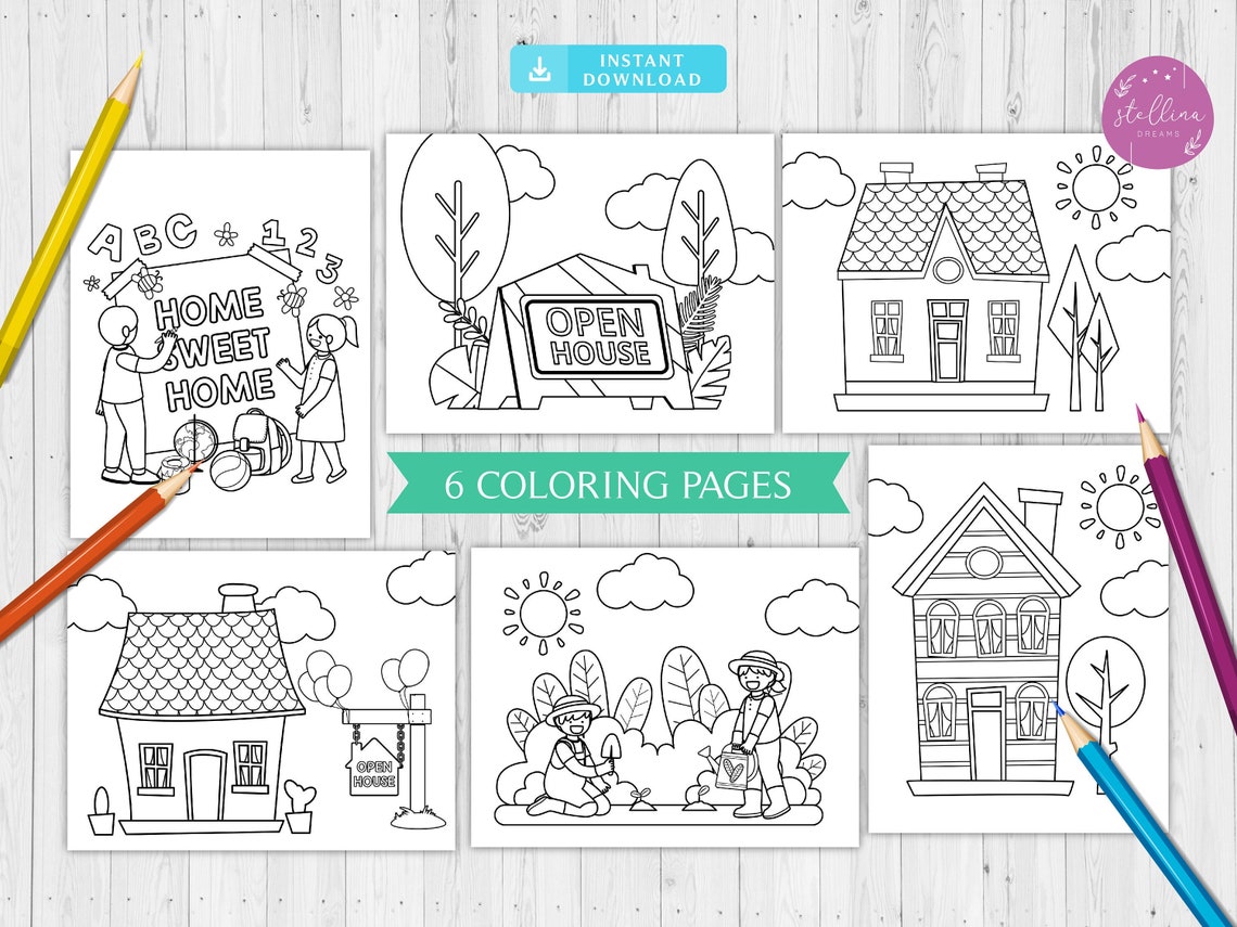 Real Estate Coloring Pages Home Themed Kids Activity Pages Etsy