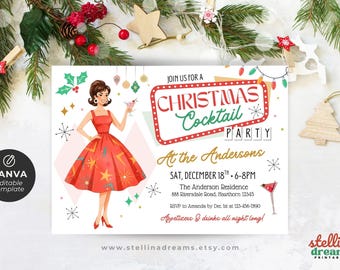 Retro Christmas Cocktail Party Invitation | Mid Century Modern Holiday Invite | Editable Canva Template