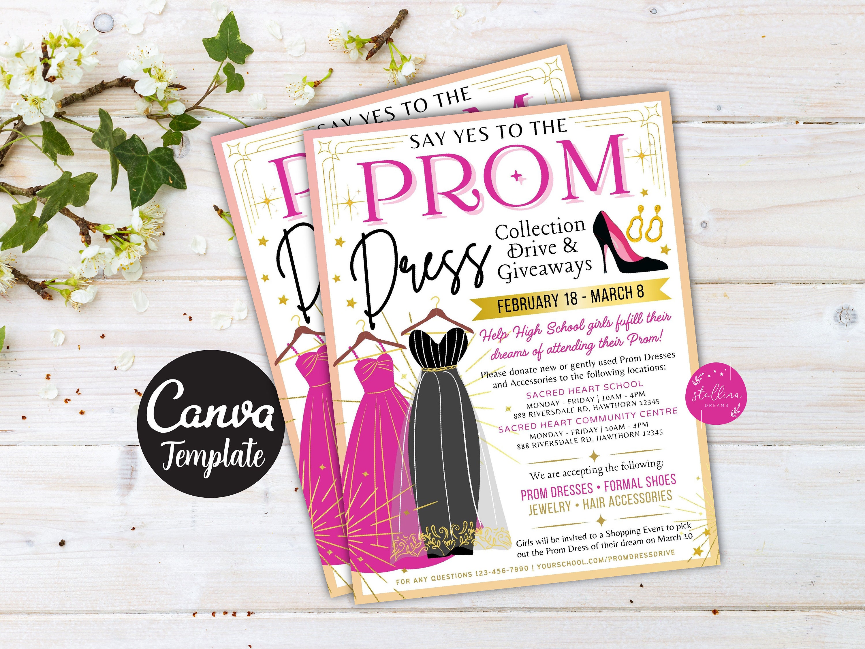prom dress giveaway flyer Editable Prom Dress Fundraiser Flyer: Canva Template