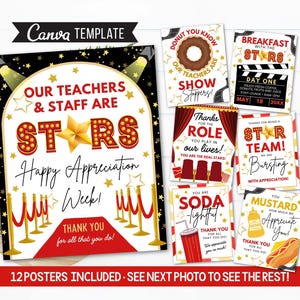 Bundle Teacher Appreciation Movie Themed Decor Posters, Cinema Movie Star Themed Week School Events Candy Sign Editable CANVA Template