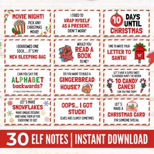 Può includere: Una raccolta di 30 bigliettini degli elfi con varie richieste e attività a tema natalizio. Ogni biglietto è una carta rettangolare con un bordo rosso e illustrazioni festive. Il testo include frasi come "Serata al cinema!" e "10 giorni a Natale."
