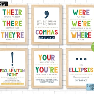 Set of 8 English Grammar Punctuation Posters, Classroom Grammar Art, Classroom Decor High School English Teacher Printables INSTANT DOWNLOAD