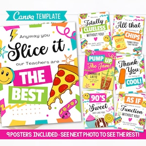 Könnte beinhalten: Neun bunte Poster im 90er-Jahre-Stil. Die Poster zeigen Sätze wie "Slice it, our teachers are the best", "Totally clueless without you", "Pump up the jam", "Thank you for being so cool" und "As if this place would function without you".