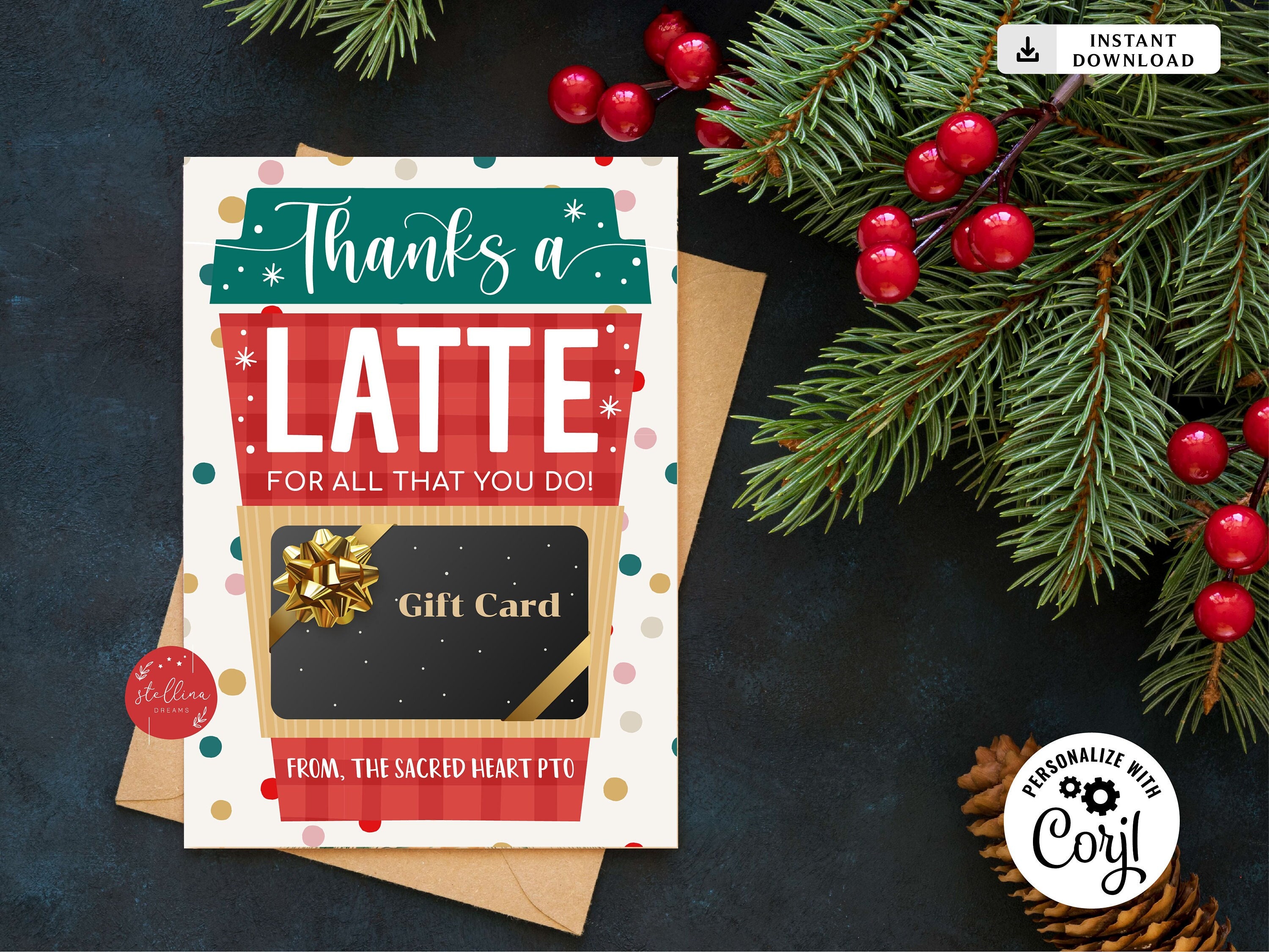 Thanks a Latte Holiday Gift Card Holder, Coffee Card Holder, Printable ...