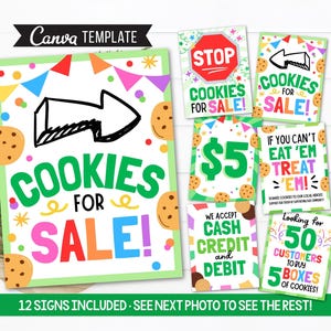 Peut inclure: Ensemble de panneaux colorés pour la vente de cookies. Le panneau principal indique « COOKIES FOR SALE ! » avec une flèche. D'autres panneaux indiquent « STOP COOKIES FOR SALE ! », « 5 $ » et « Nous acceptons espèces, cartes et débit ».