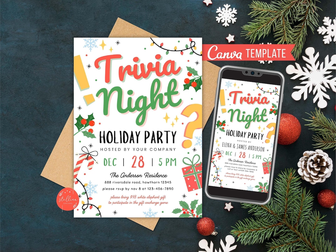Trivia Invite Email Editable Christmas Trivia Night Party Invitation, Holiday Work Party ...