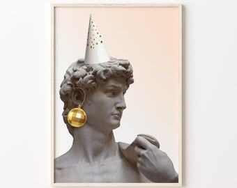 David Party Hat Printable Art David Statue Wall Art Funny Edit Sculpture Poster David Pink New Year Holidays Xmas Bauble Collage Art Print