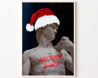 David Santa Hat Printable Art Merry Xmas David Sculpture Wall Art Funny Statue Digital Poster David Christmas Night Happy Holidays Art Print